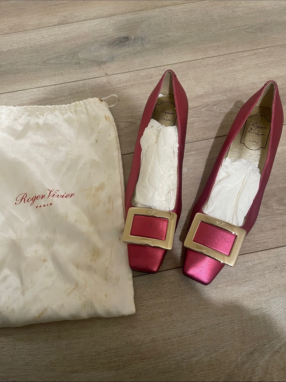 Roger Vivier Fuchsia Satin Buckle Pumps with Gold Trim